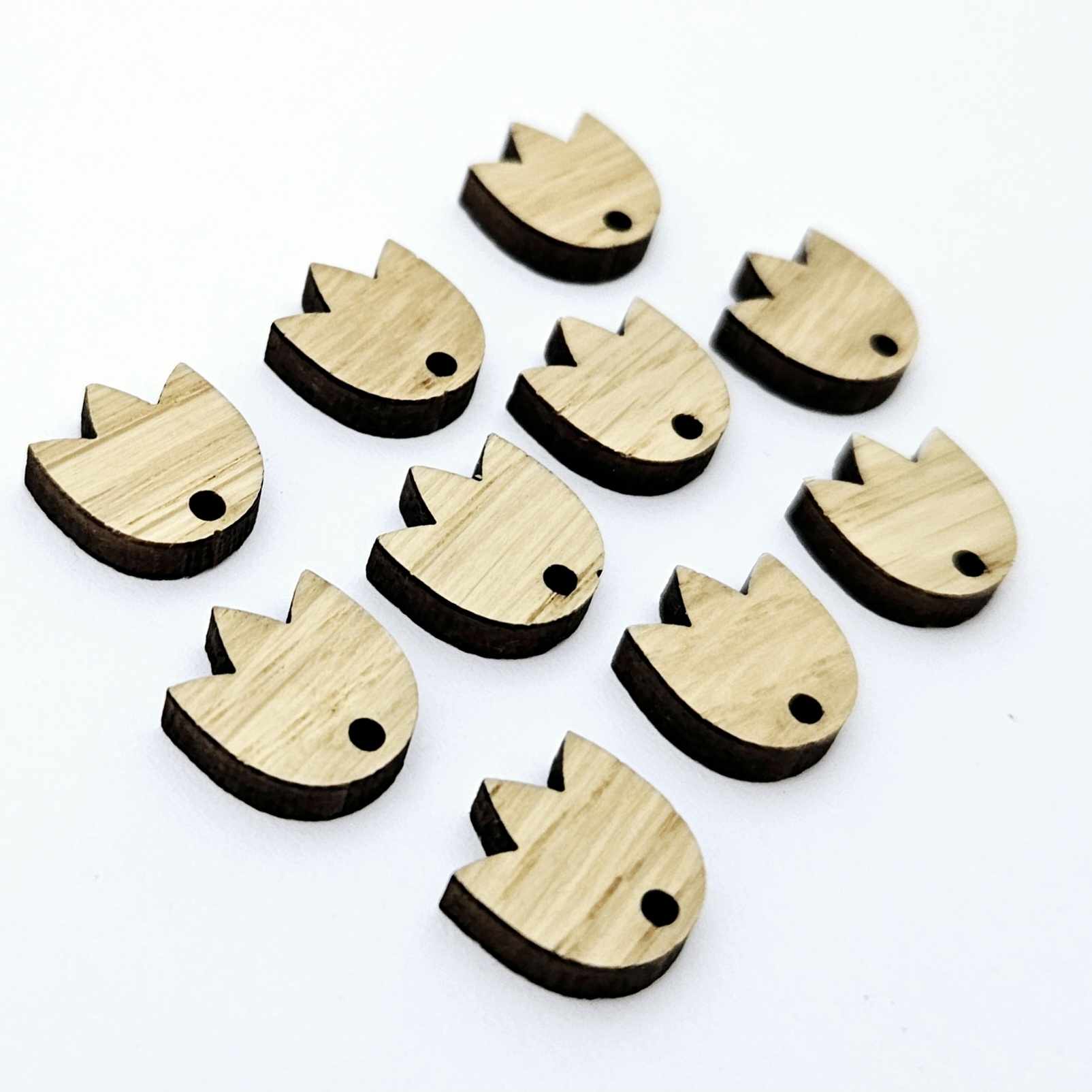 12mm oak veneer wood tulip shape earring blanks toppers shown on their own