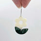 Cream flower and green mineral leafy dangles assembled on 20mm hoops, petite two-piece floral earring design
