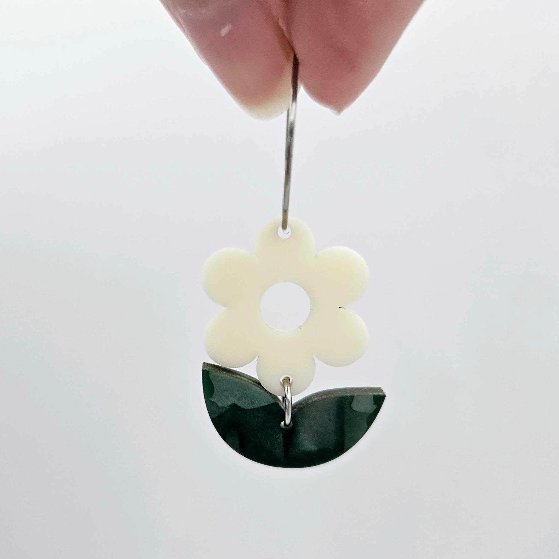 Cream flower and green mineral leafy dangles assembled on 20mm hoops, petite two-piece floral earring design