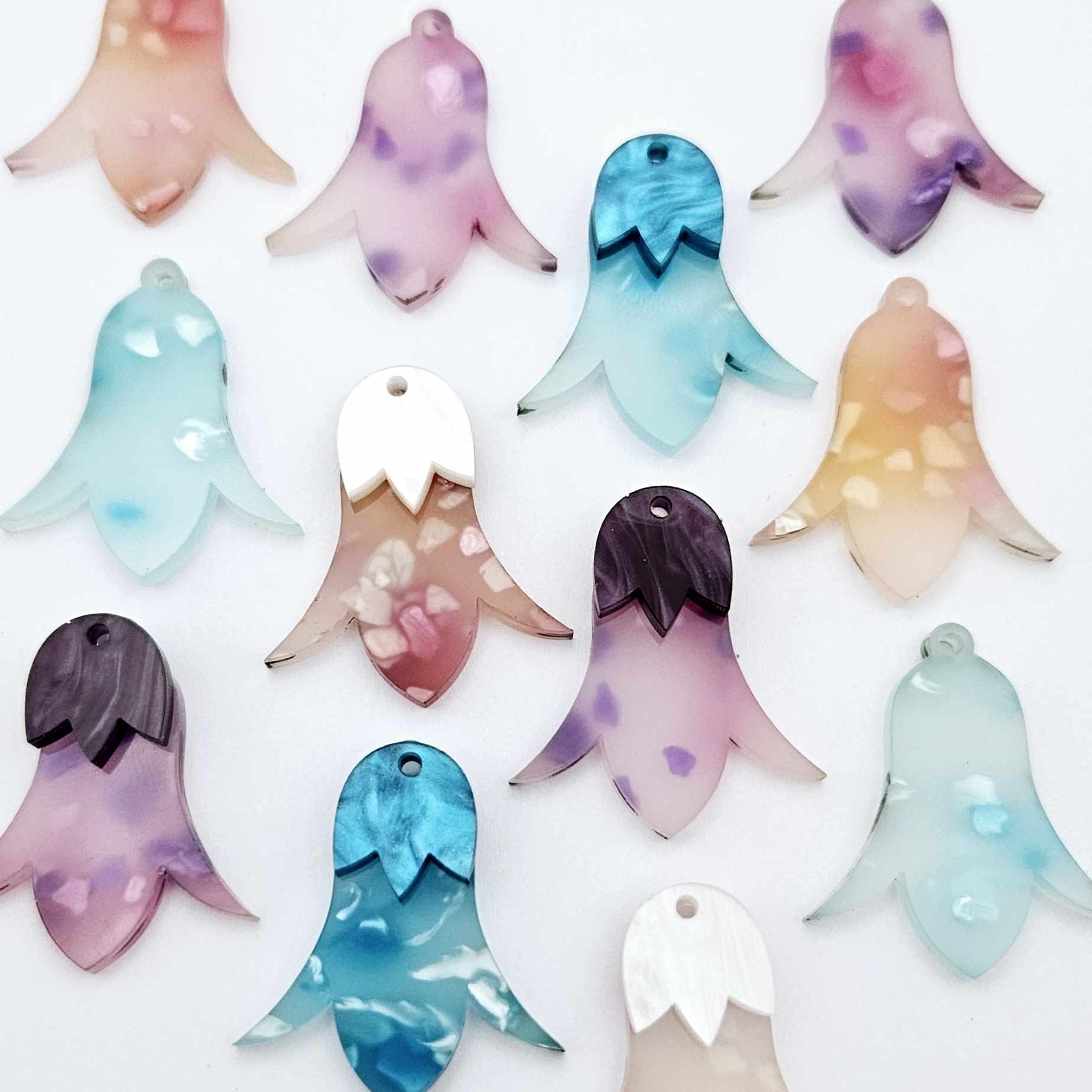 28mm mixed petal acrylic nodding flower dangle blanks shown on their own and with marble leaf cap pieces