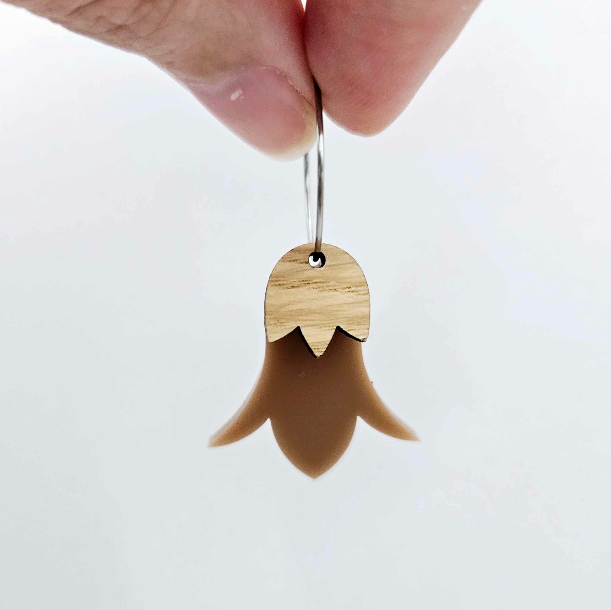 Iced coffee brown acrylic nodding flower dangle blanks assembled on 20mm hoops with leaf cap detail for a layered botanical flower look