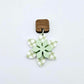 Layered green gingham UV print and pastel green acrylic flower dangle assembled and hanging from a 12mm walnut wood topper, 3D two tone floral design