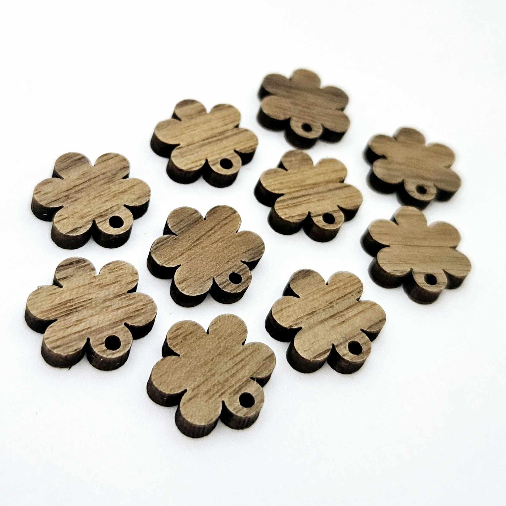 14mm walnut veneer wood flower shape earring blanks toppers shown on their own