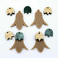 28mm iced coffee acrylic nodding flower dangle blanks shown on their own and with oak wood and green mineral leaf cap pieces
