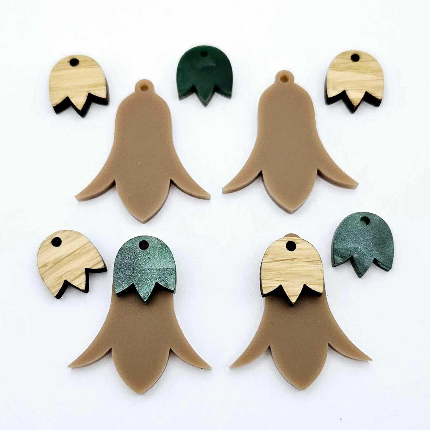 28mm iced coffee acrylic nodding flower dangle blanks shown on their own and with oak wood and green mineral leaf cap pieces