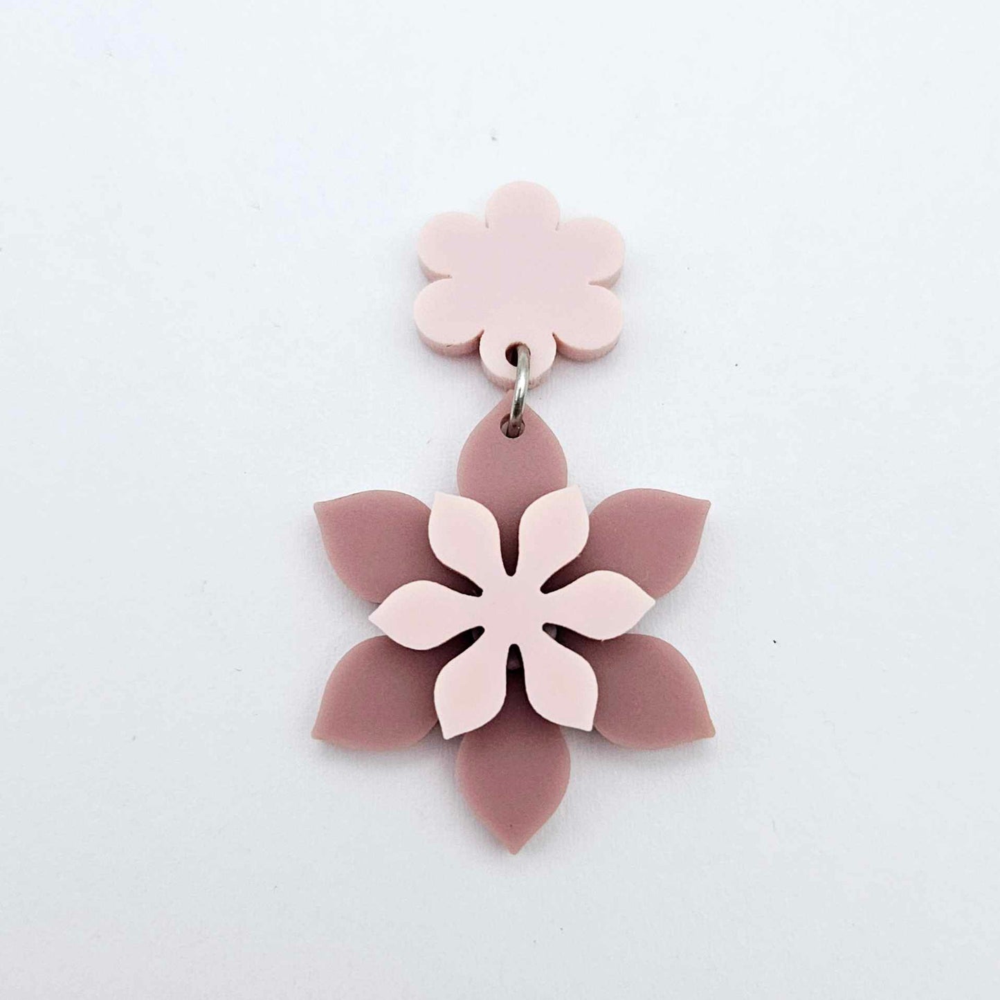 Layered dusty rose and strawberry milkshake flower dangle assembled and hanging from a strawberry milkshake flower topper, 3D two tone floral design