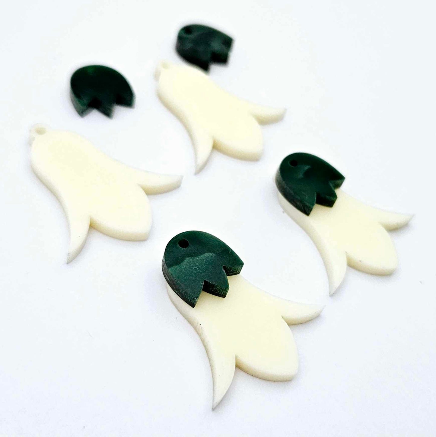 28mm cream acrylic nodding flower dangle blanks shown on their own and with green mineral leaf cap pieces