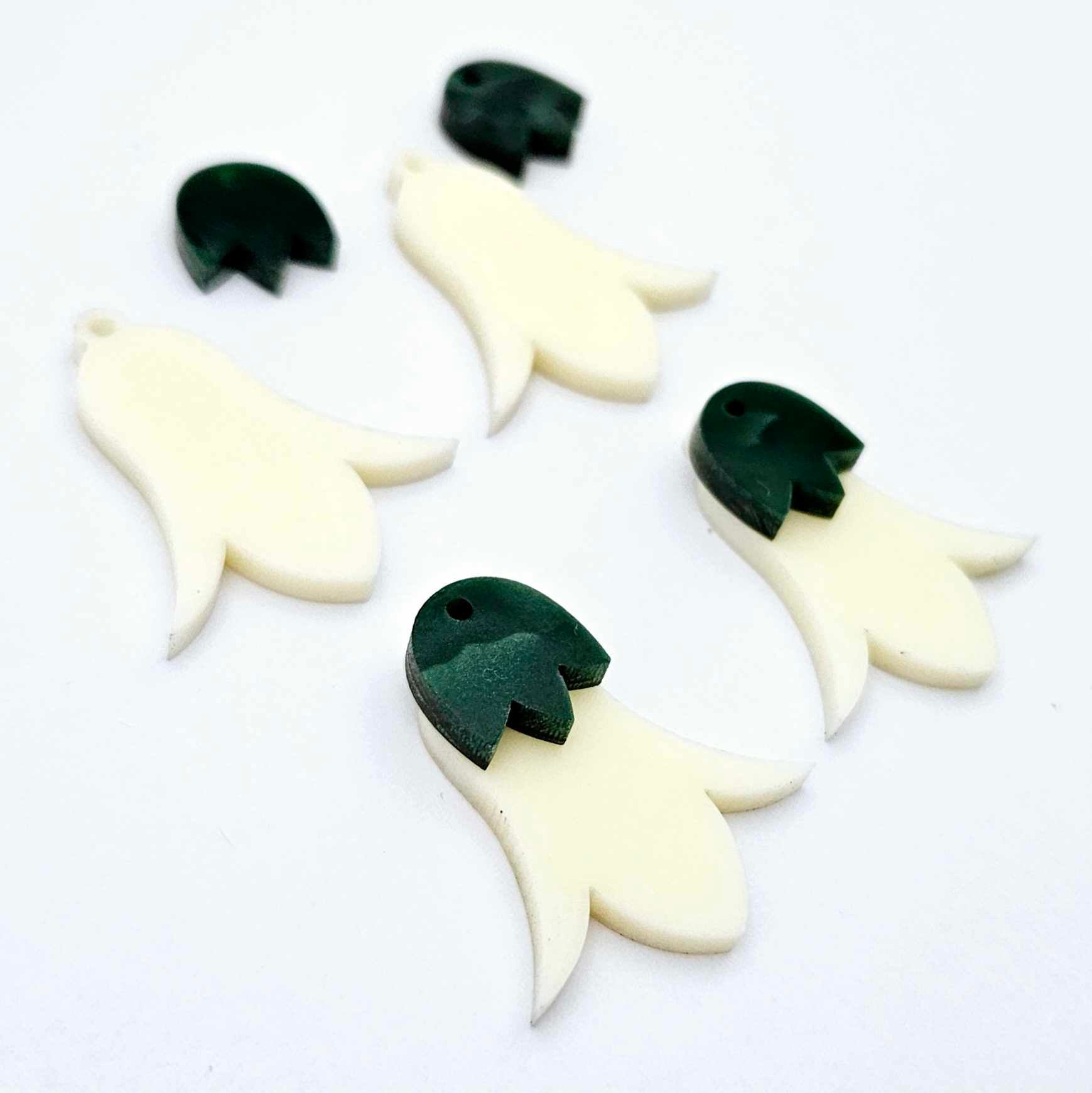 28mm cream acrylic nodding flower dangle blanks shown on their own and with green mineral leaf cap pieces