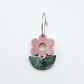 Dusty Rose flower and green mineral acrylic leafy dangles assembled on 20mm hoops, petite two-piece floral earring design