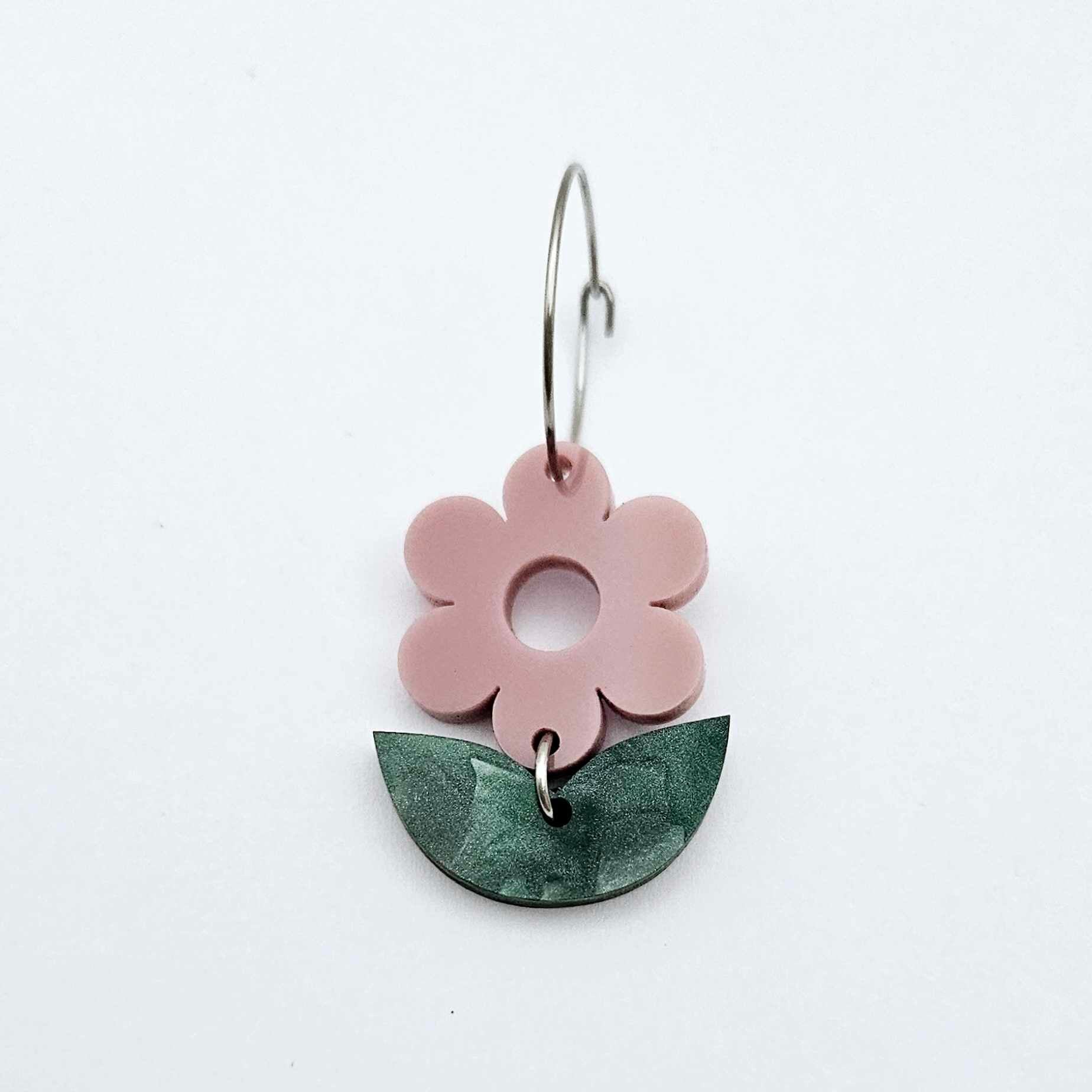 Dusty Rose flower and green mineral acrylic leafy dangles assembled on 20mm hoops, petite two-piece floral earring design