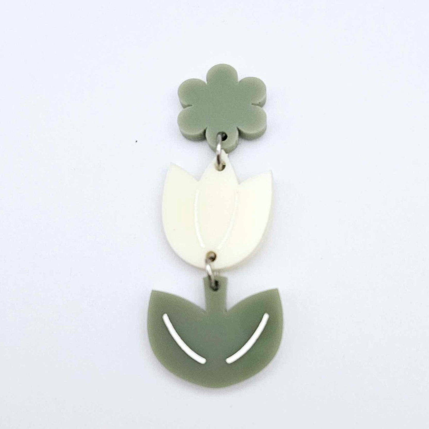 Cream and Olive Green acrylic tulip shape earring blanks shown with an olive green flower toppers
