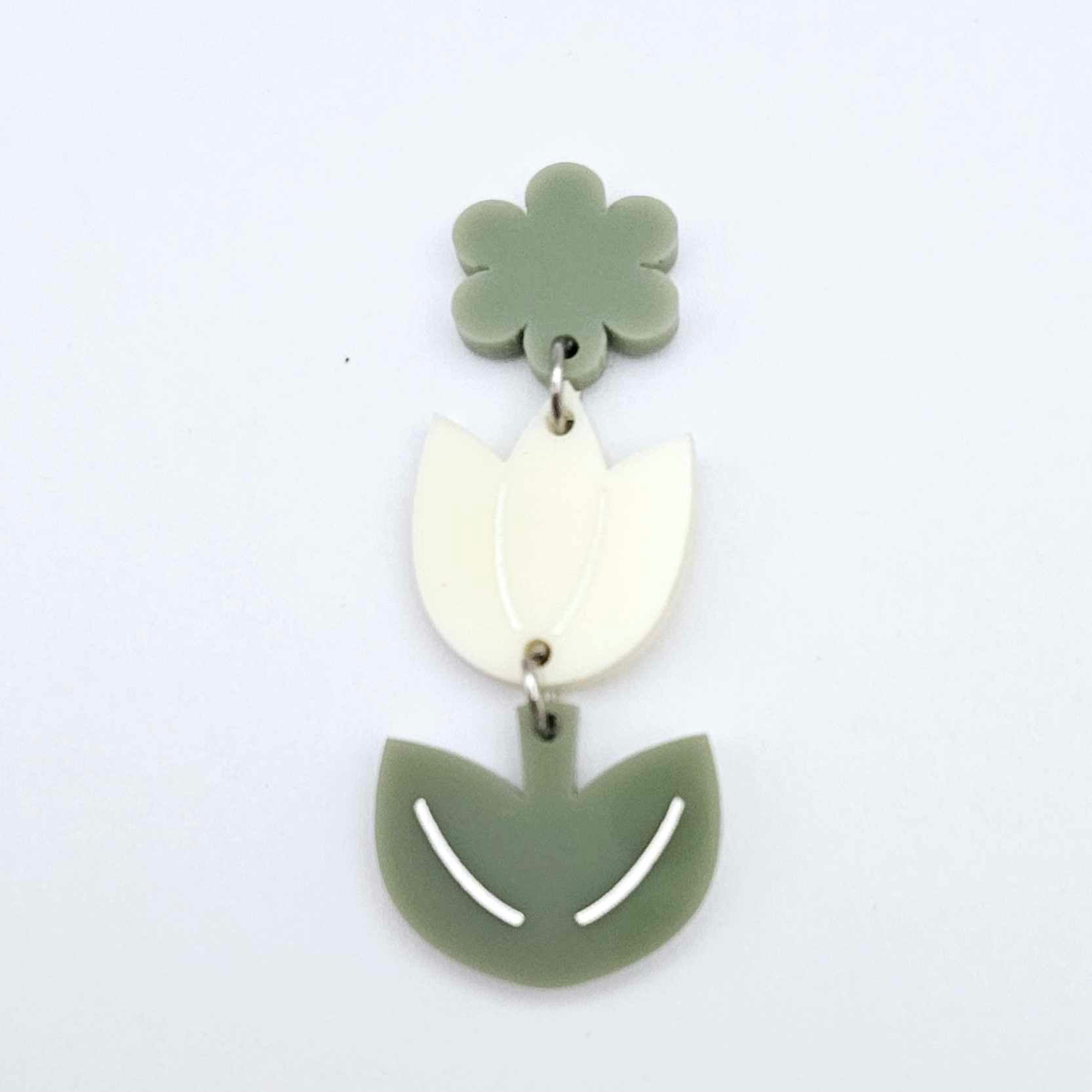 Cream and Olive Green acrylic tulip shape earring blanks shown with an olive green flower toppers