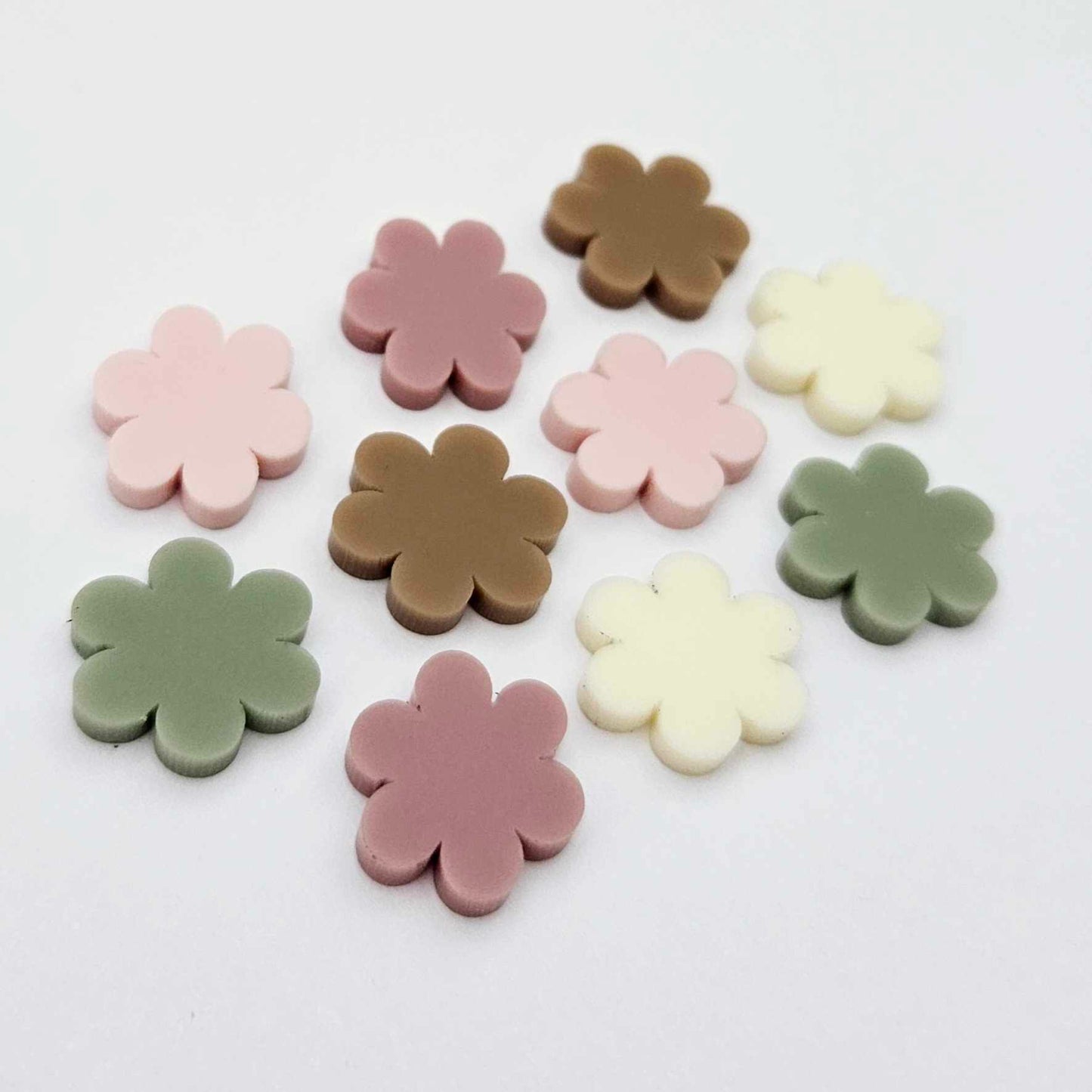 Warm Neutrals flower stud mixed pack showing one pair of each colour with no holes, including dusty rose, strawberry milkshake, cream, iced coffee and olive green