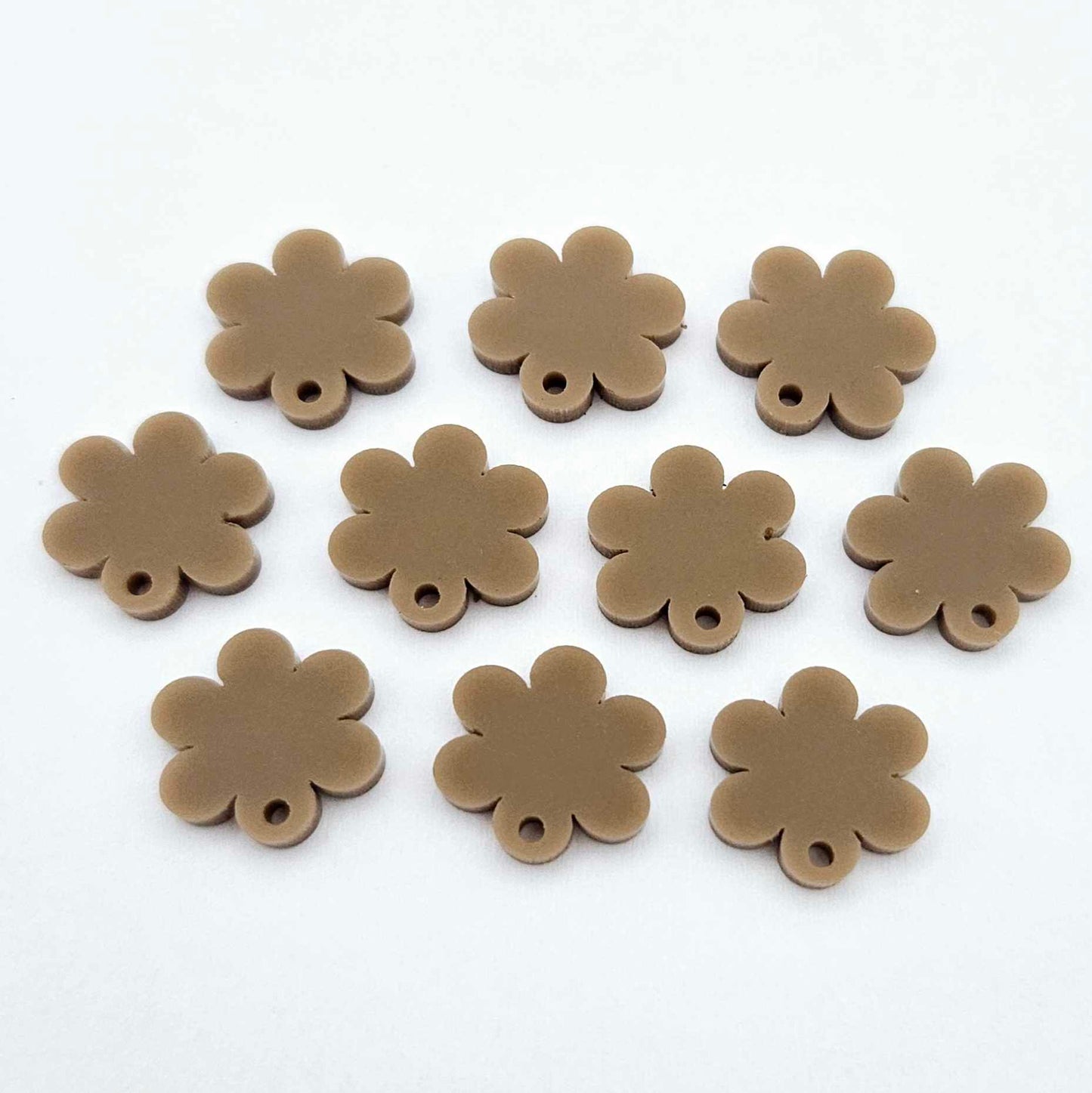 14mm iced coffee brown acrylic flower shape earring blanks toppers shown on their own