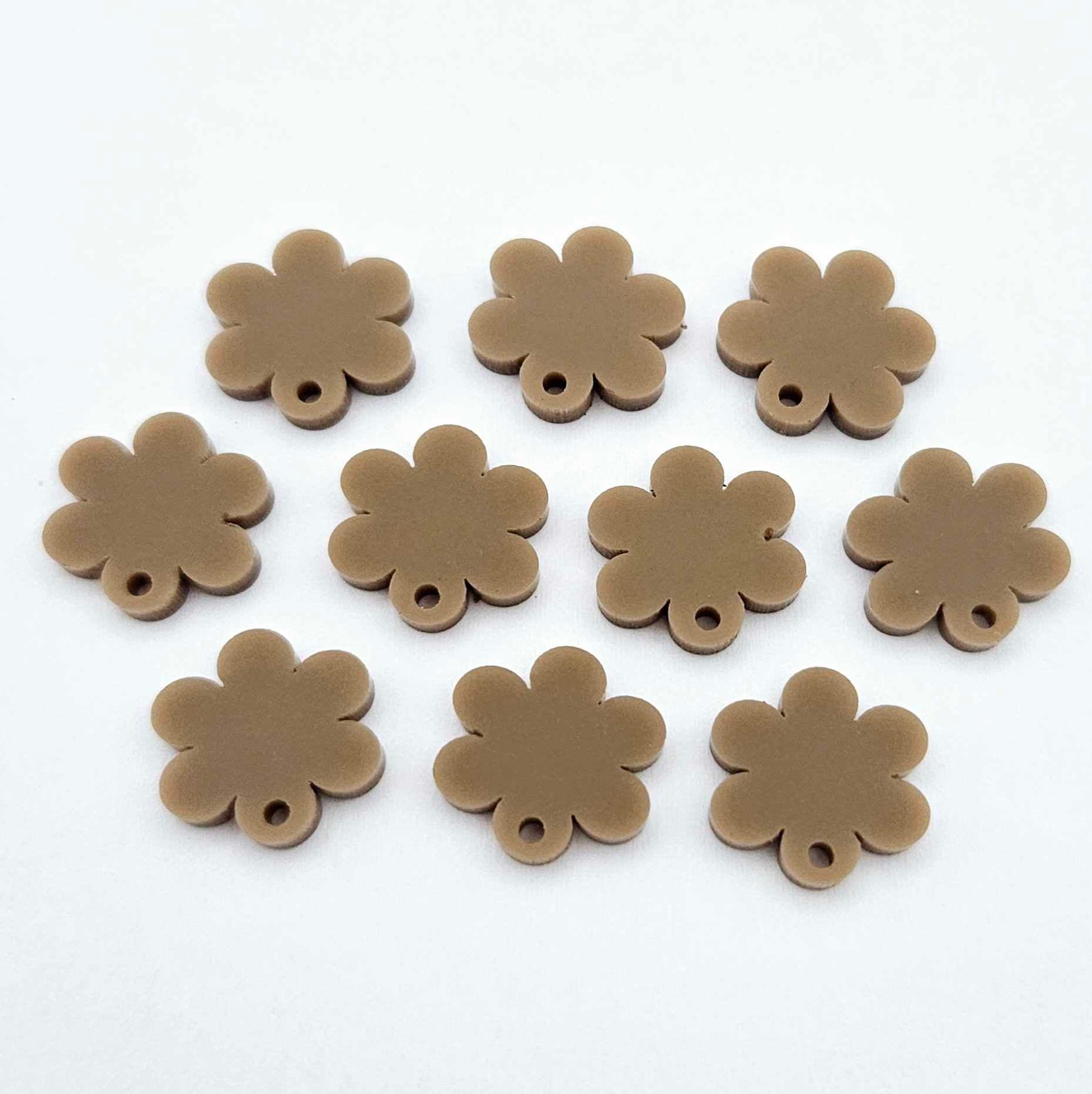 14mm iced coffee brown acrylic flower shape earring blanks toppers shown on their own