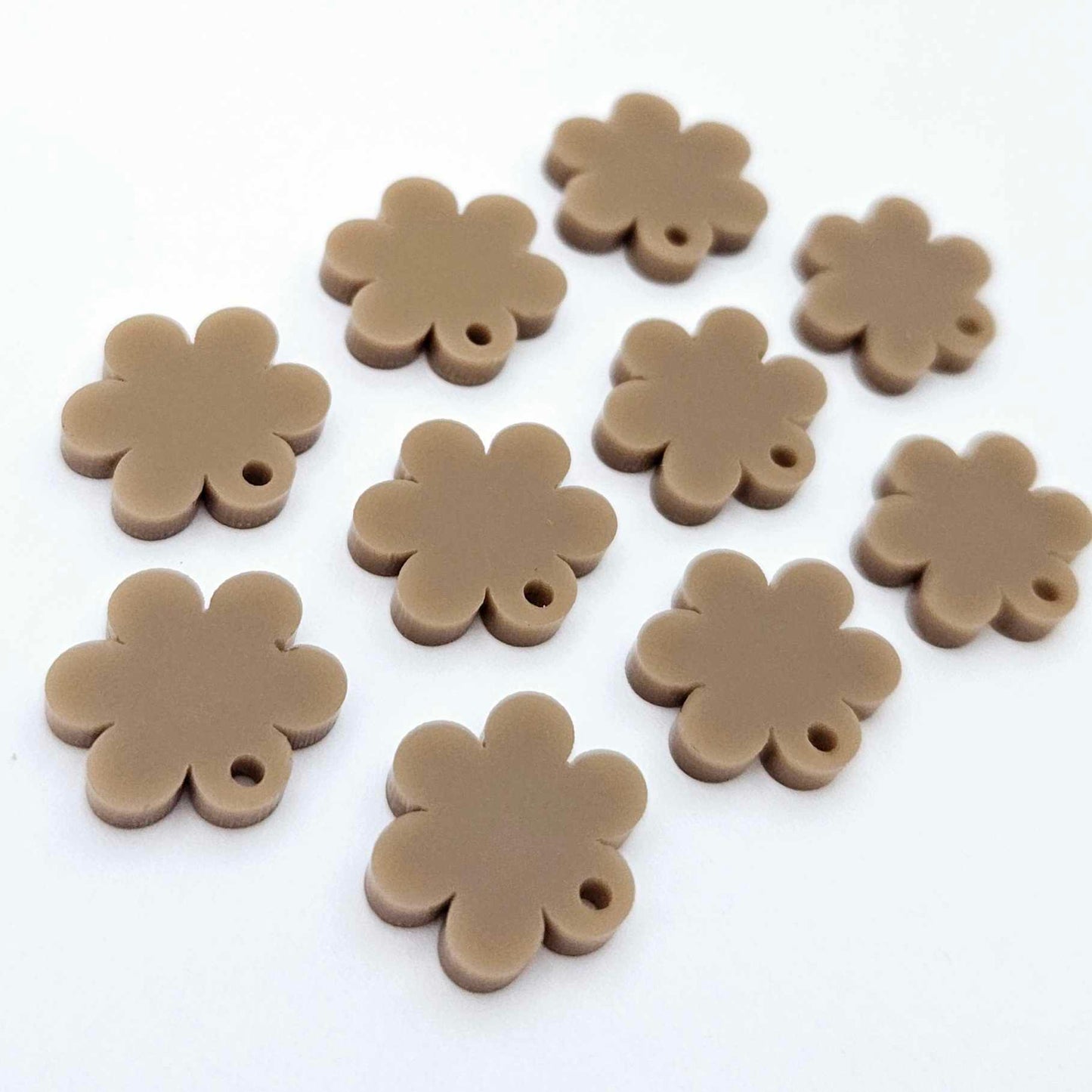 14mm iced coffee brown acrylic flower shape earring blanks toppers shown on their own
