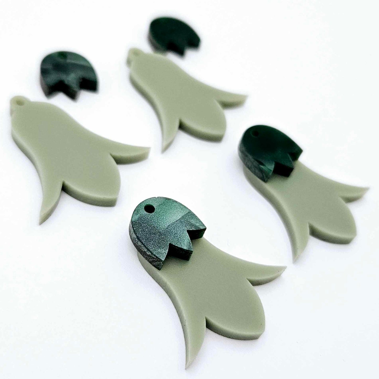 28mm olive green acrylic nodding flower dangle blanks shown on their own and with green mineral leaf cap pieces