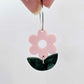 Strawberry Milkshake Pink flower and green mineral acrylic leafy dangle assembled on 20mm hoops, petite two-piece floral earring design