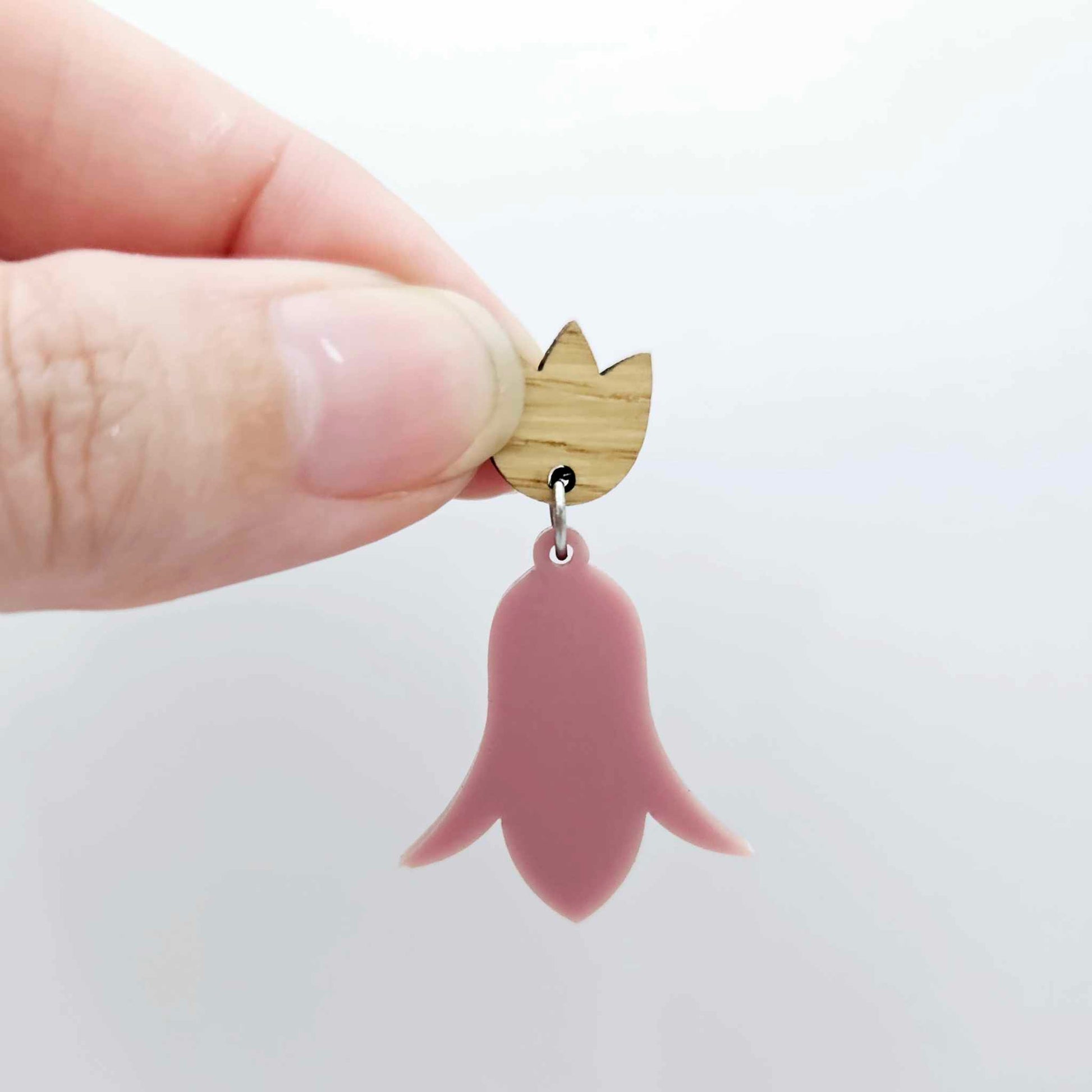 12mm oak veneer wood tulip shape earring blanks toppers shown with one of our dusty rose nodding flower acrylic earring blanks