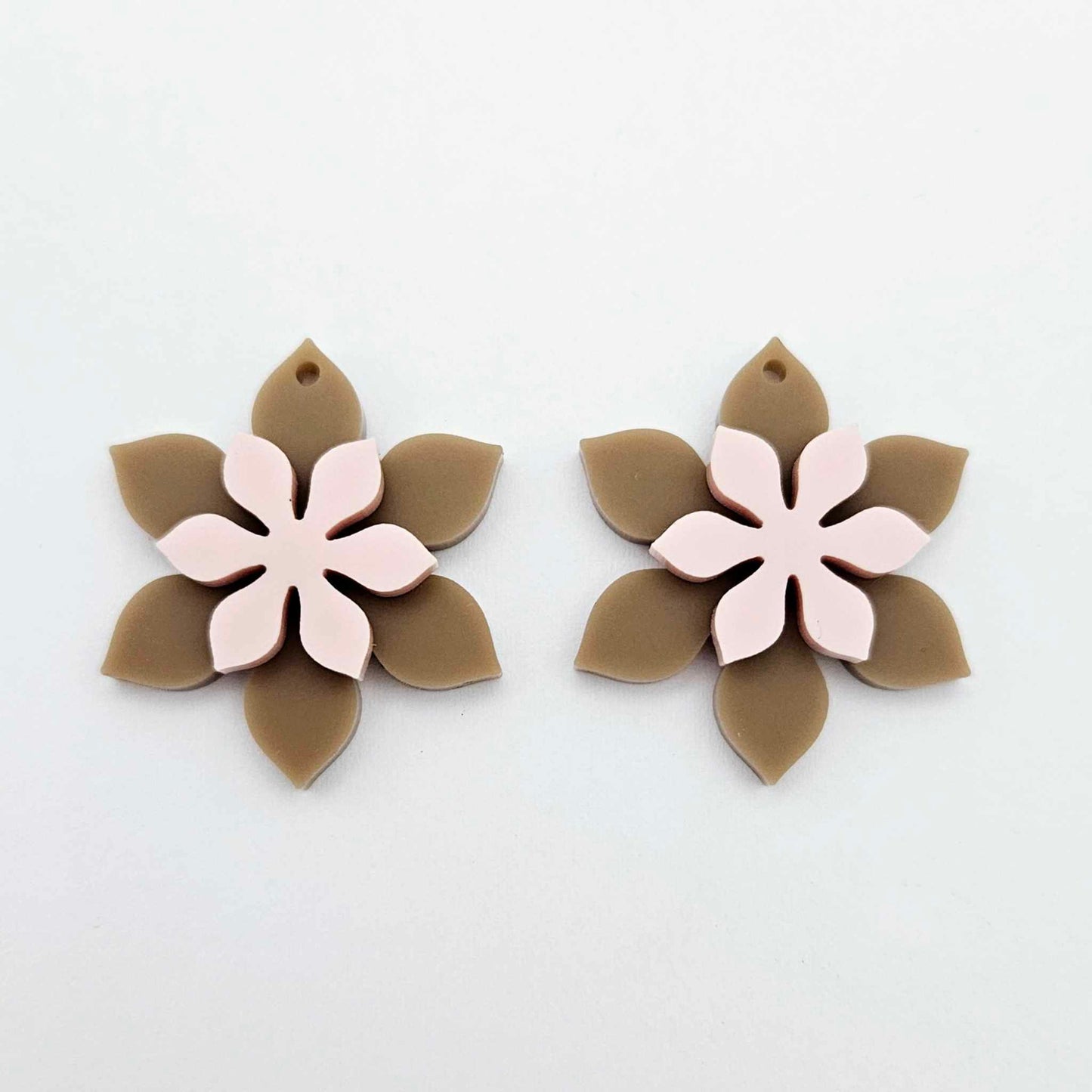 Iced Coffee Brown and strawberry milkshake pink acrylic two layer flower dangle blanks shown laying flat, with flowers stacked to show layered effect