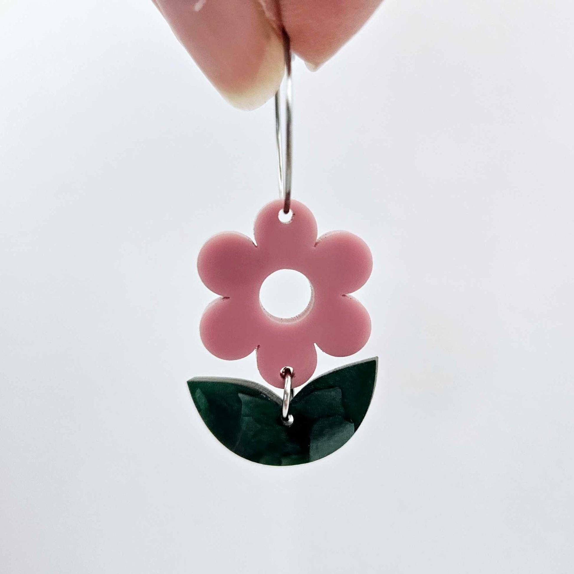 Dusty Rose flower and green mineral acrylic leafy dangles assembled on 20mm hoops, petite two-piece floral earring design