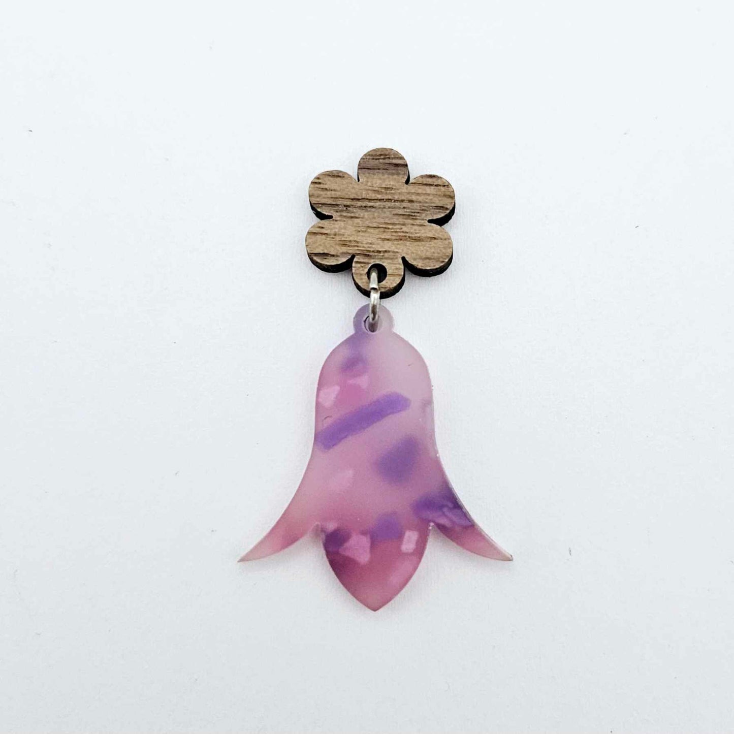 14mm walnut veneer wood earring topper assembled with a jacaranda petal nodding flower dangle