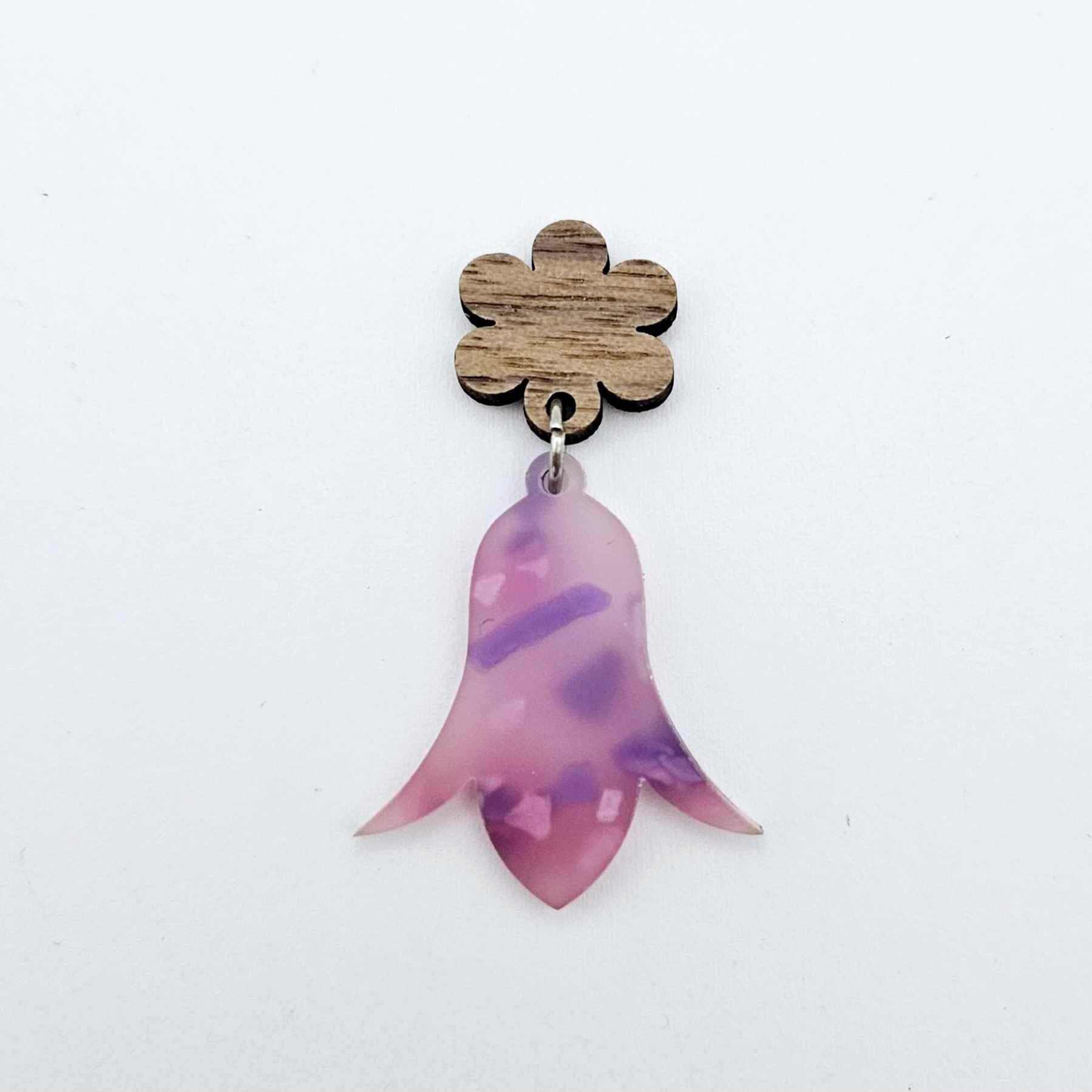 14mm walnut veneer wood earring topper assembled with a jacaranda petal nodding flower dangle