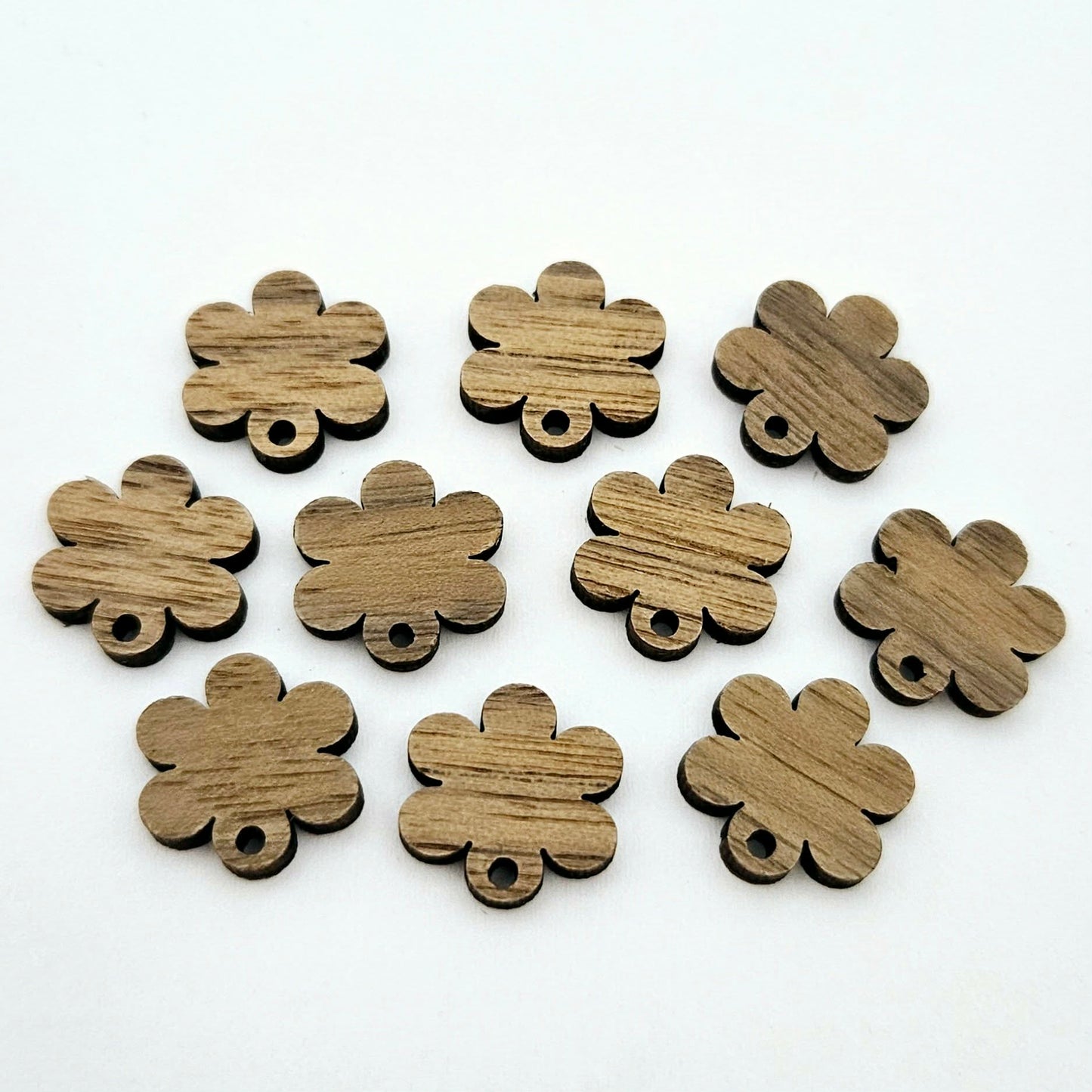 14mm walnut veneer wood flower shape earring blanks toppers shown on their own