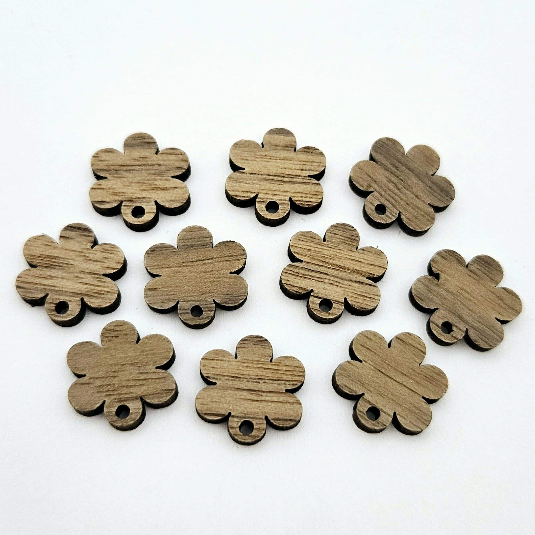 14mm walnut veneer wood flower shape earring blanks toppers shown on their own