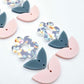 Three-piece acrylic flower dangle blanks shown unassembled laying flat, featuring Hawaii Dream UV printed flower, bluestone leafy middle and strawberry milkshake leafy bottom