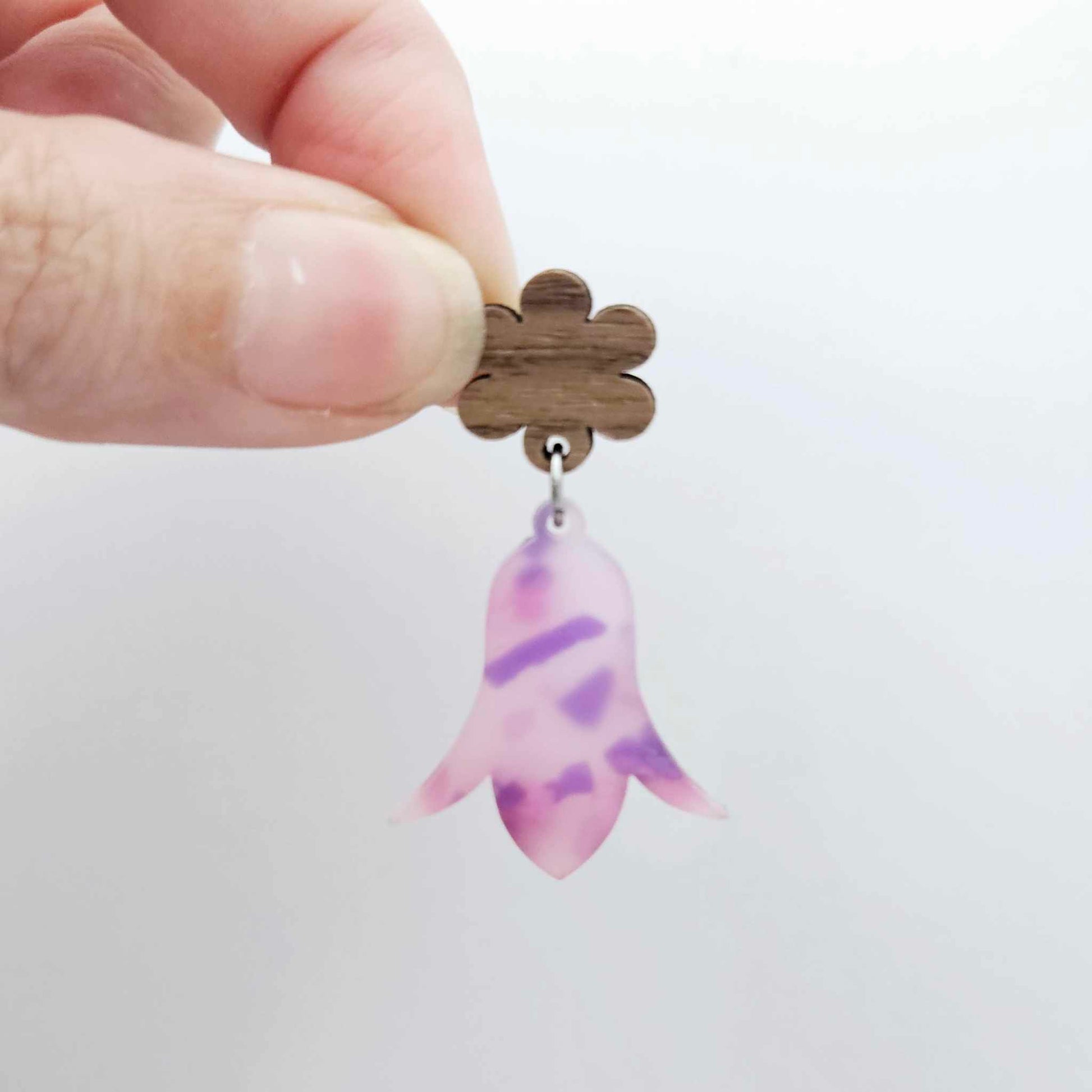 14mm walnut veneer wood earring topper assembled with a jacaranda petal nodding flower dangle