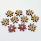 17mm port wine (Maroon) acrylic flower stud blanks with engraved centre detail, one pair paint filled light pink and peeled, with additional pieces shown with protective film on