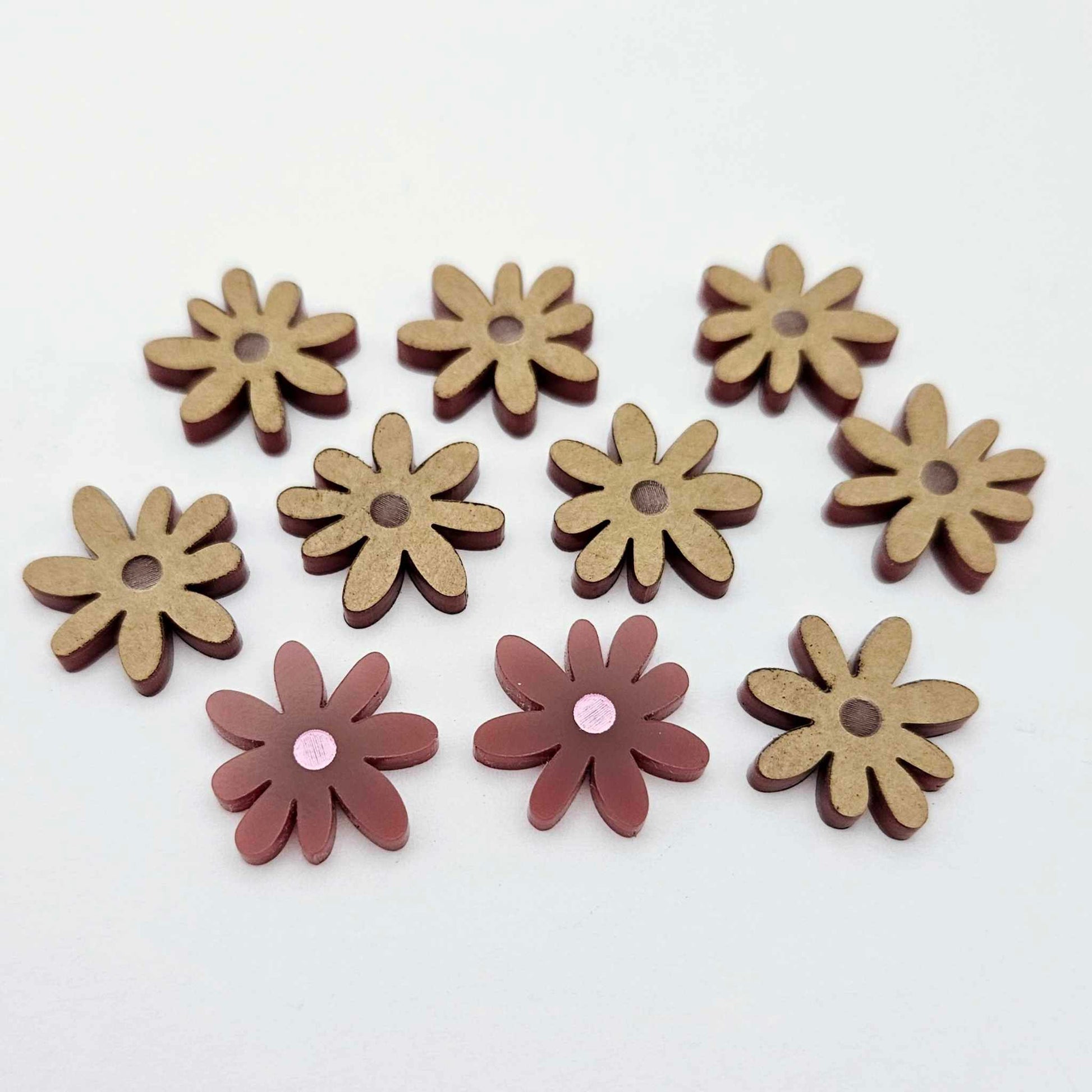 17mm port wine (Maroon) acrylic flower stud blanks with engraved centre detail, one pair paint filled light pink and peeled, with additional pieces shown with protective film on
