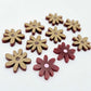 17mm port wine (Maroon) acrylic flower stud blanks with engraved centre detail, one pair paint filled light pink and peeled, with additional pieces shown with protective film on