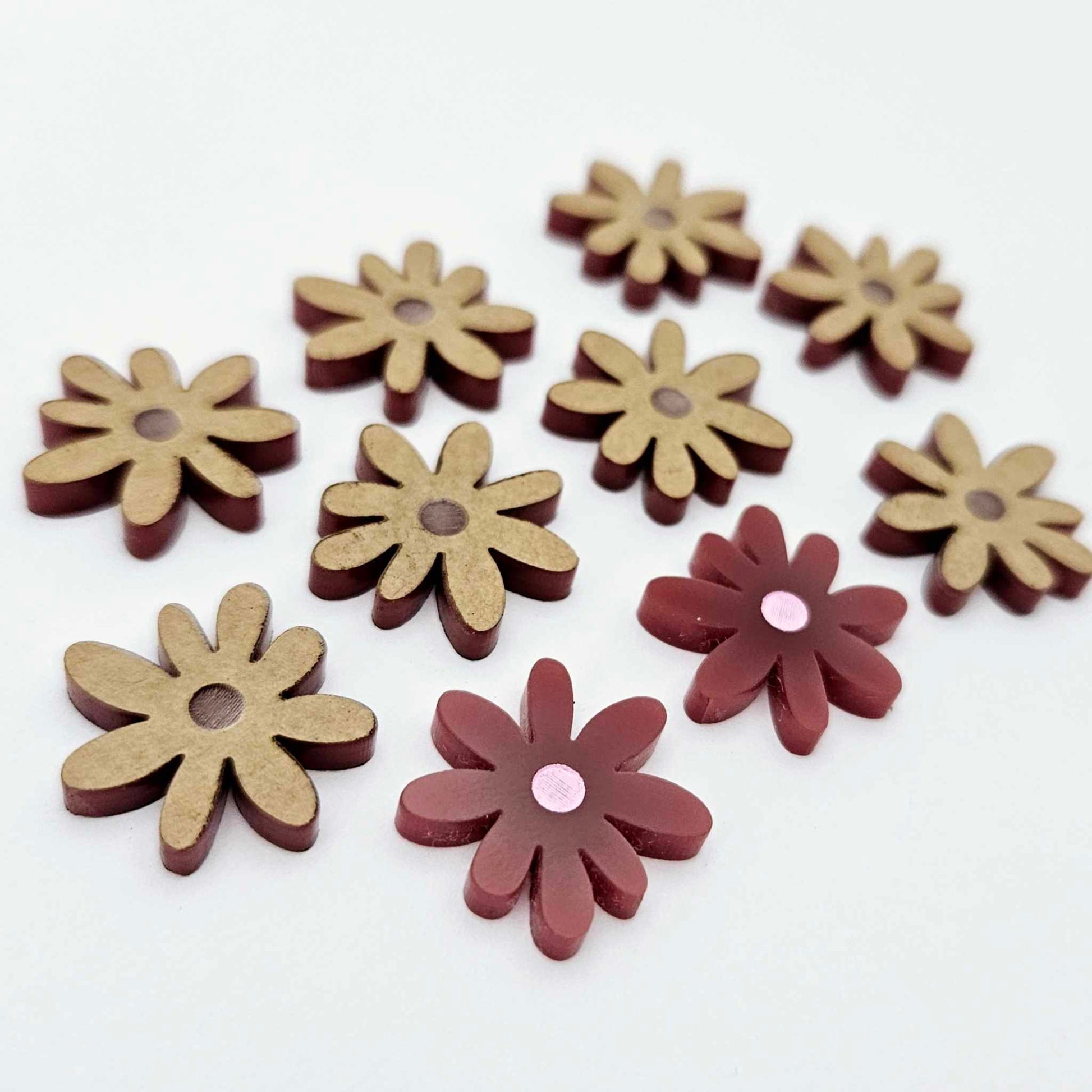 17mm port wine (Maroon) acrylic flower stud blanks with engraved centre detail, one pair paint filled light pink and peeled, with additional pieces shown with protective film on