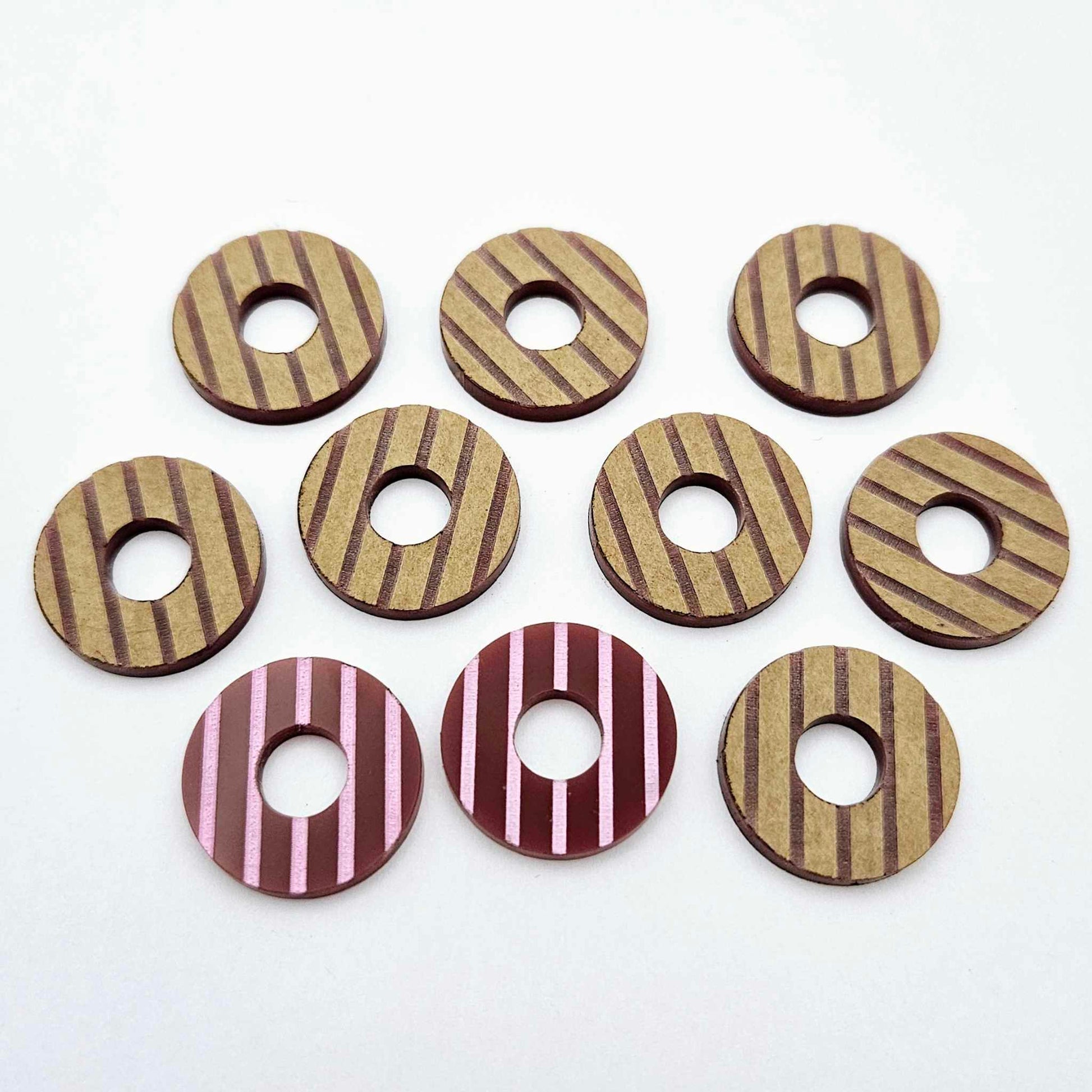 22mm Port wine (burgundy) acrylic striped hoop stud blanks with engraved stripes, one pair paint filled light pink and peeled, with additional unpainted pieces shown with protective film on