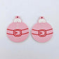 One pair of pastel pink Santa bauble dangle blanks with engraved Santa belt and button details paint filled in white and red, shown laying flat