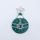 One teal glitter Santa bauble dangle with engraved Santa belt and button details paint filled white, assembled with a 16mm silver mirror star topper