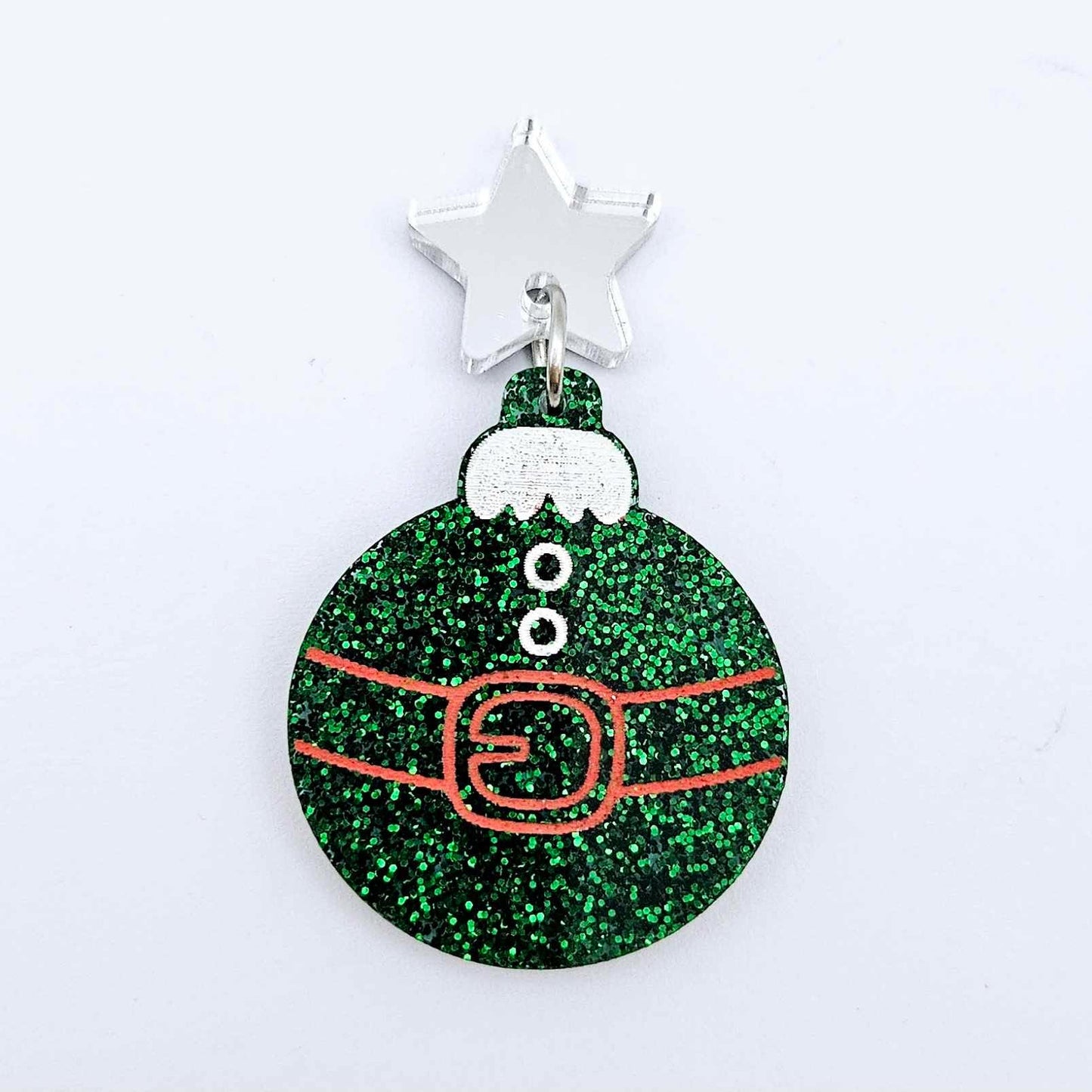 One green glitter Santa bauble dangle with engraved Santa belt and button details paint filled red and white, assembled with a 16mm silver mirror star topper