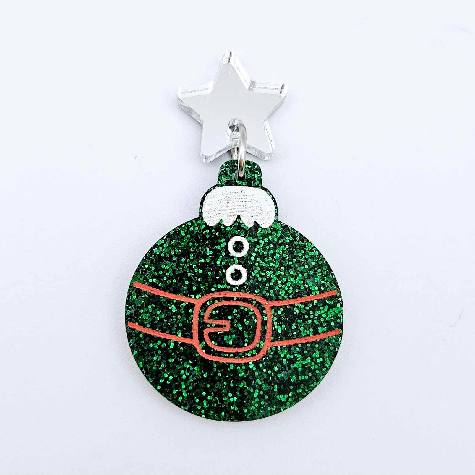 One green glitter Santa bauble dangle with engraved Santa belt and button details paint filled red and white, assembled with a 16mm silver mirror star topper