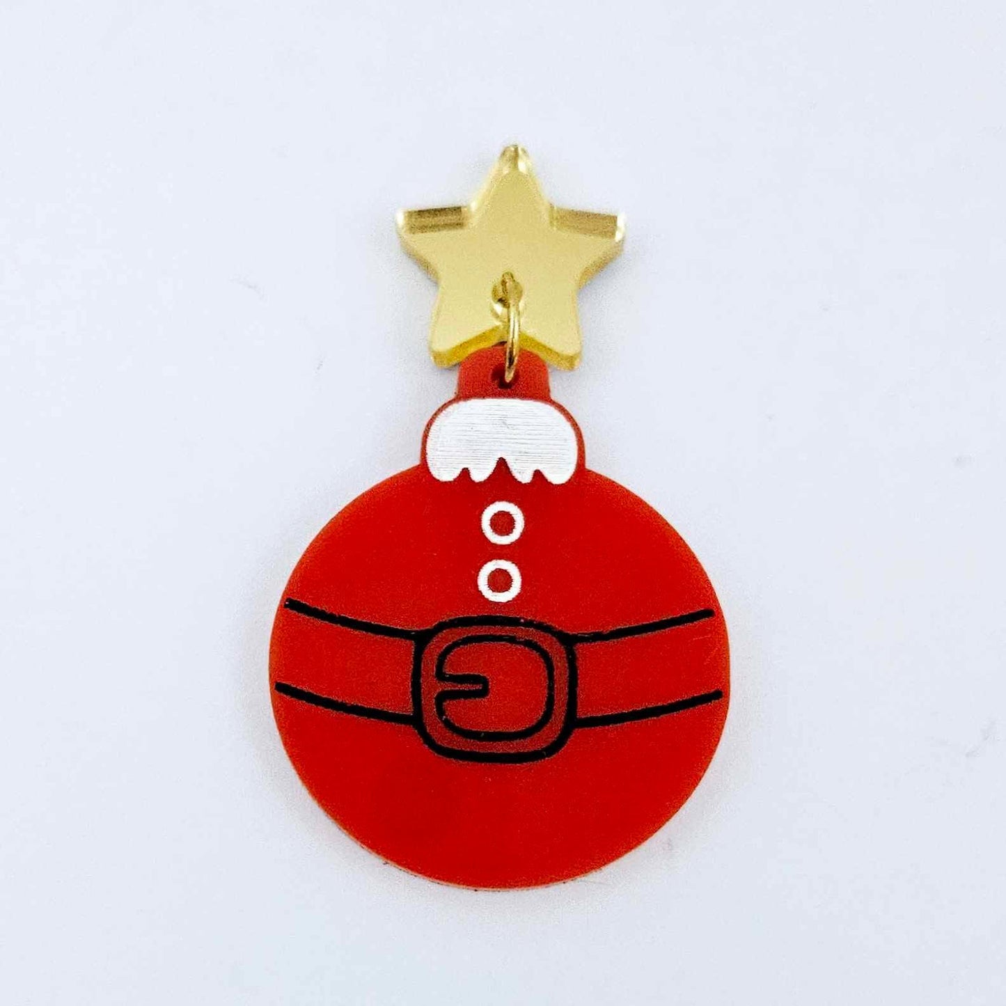 One solid red Santa bauble dangle with engraved Santa belt and button details paint filled in black and white, assembled with a 16mm gold mirror star topper
