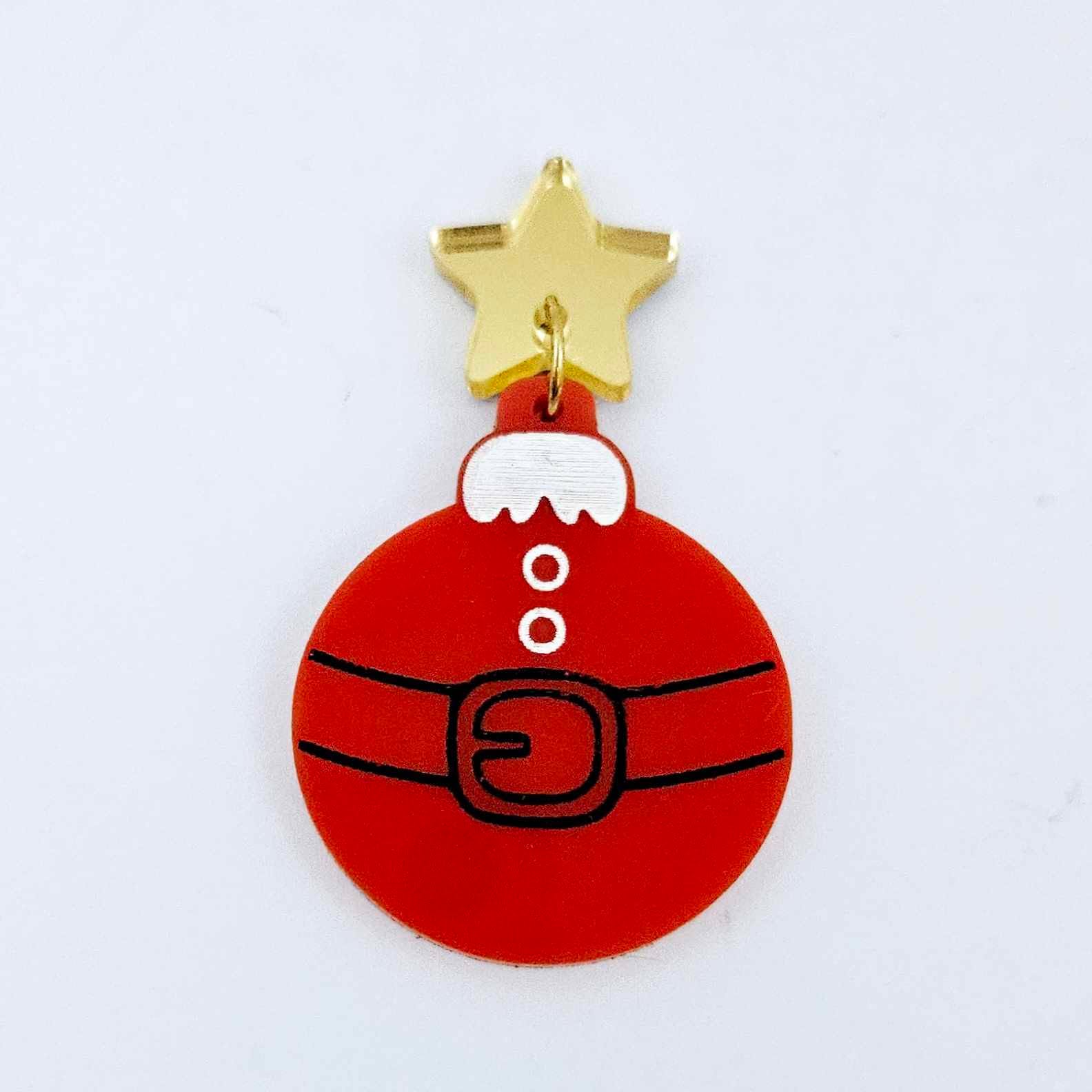 One solid red Santa bauble dangle with engraved Santa belt and button details paint filled in black and white, assembled with a 16mm gold mirror star topper