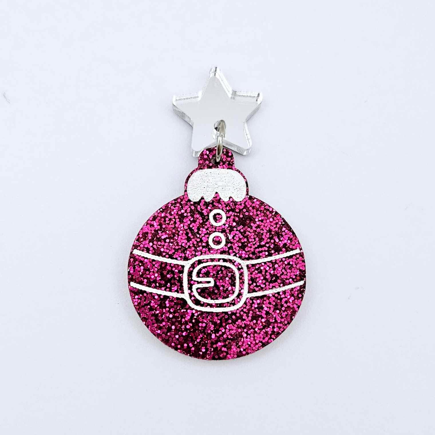 One hot pink glitter Santa bauble dangle with engraved Santa belt and button details paint filled white, assembled with a 16mm silver mirror star topper