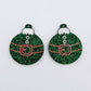 One pair of green glitter Santa bauble dangle blanks with engraved Santa belt and button details paint filled red and white, shown laying flat