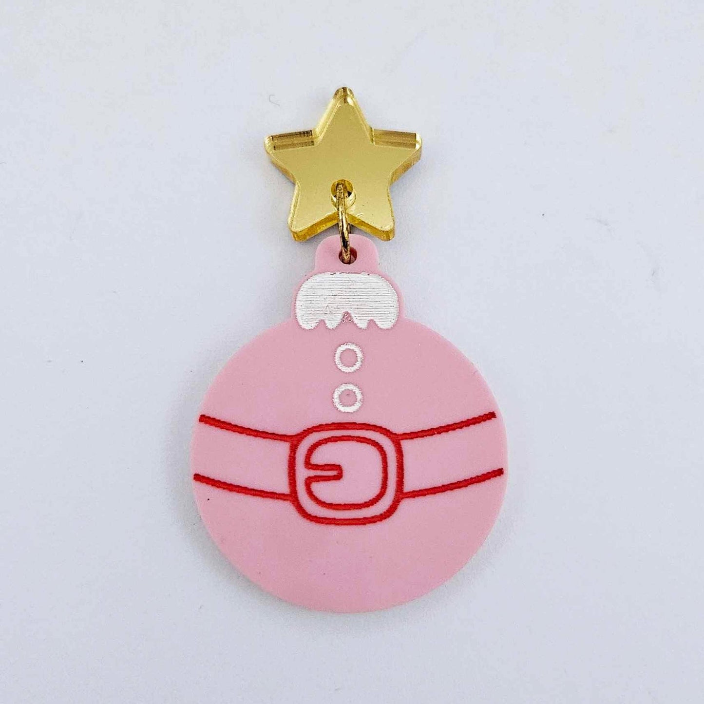 One pastel pink Santa bauble dangle with engraved Santa belt and button details paint filled in white and red, assembled with a 16mm gold mirror star topper