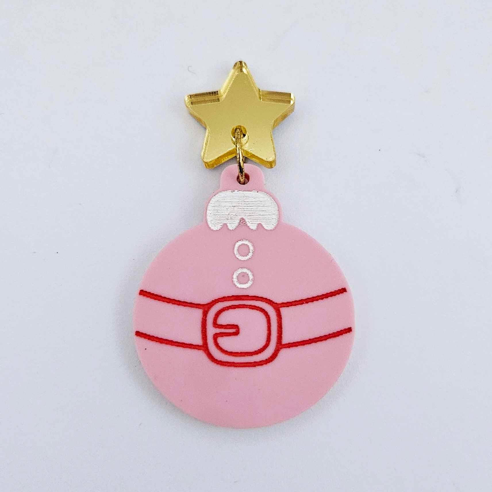 One pastel pink Santa bauble dangle with engraved Santa belt and button details paint filled in white and red, assembled with a 16mm gold mirror star topper