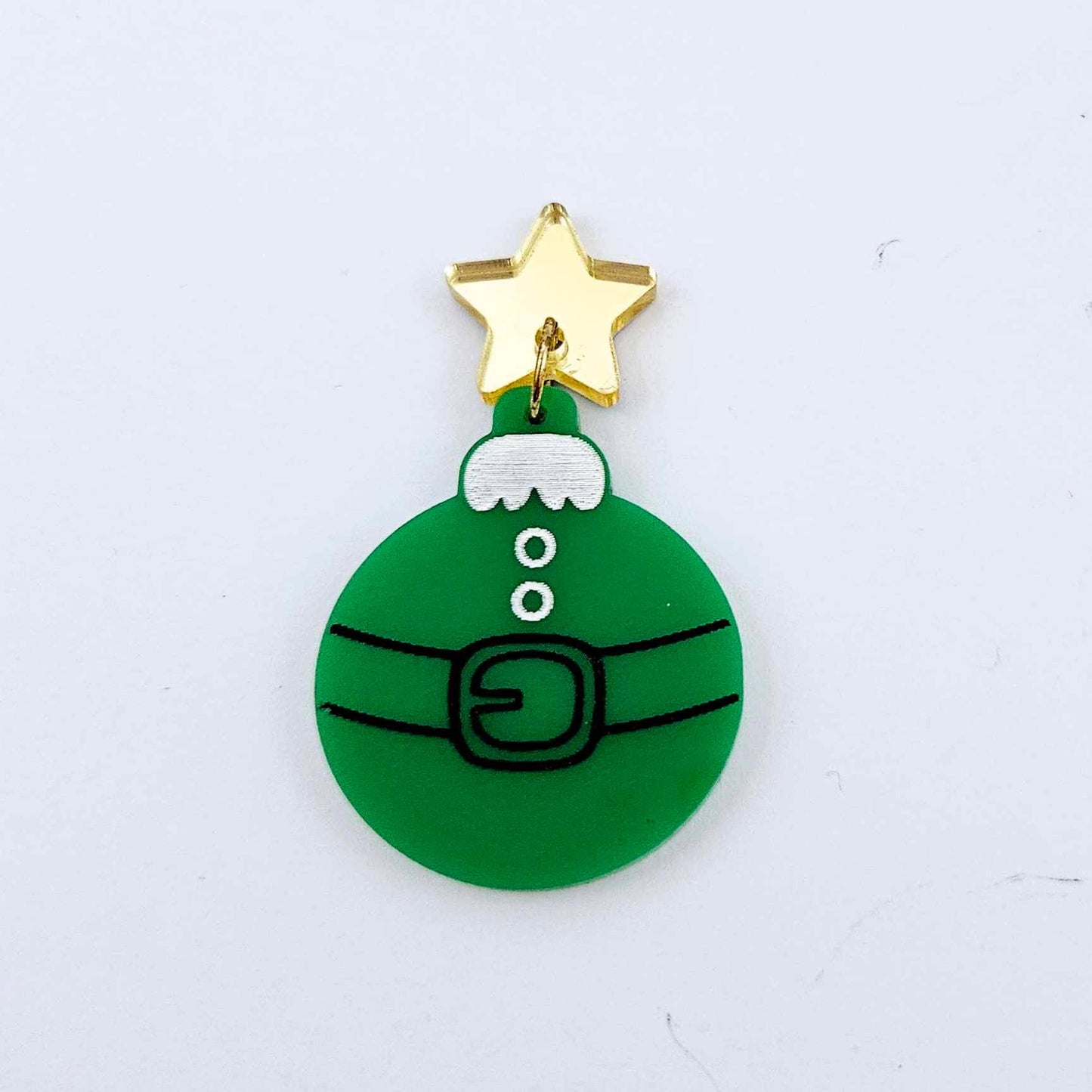 One solid green Santa bauble dangle with engraved Santa belt and button details paint filled in black and white, assembled with a 16mm gold mirror star topper