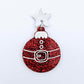 One red glitter Santa bauble dangle with engraved Santa belt and button details paint filled white, assembled with a 16mm silver mirror star topper