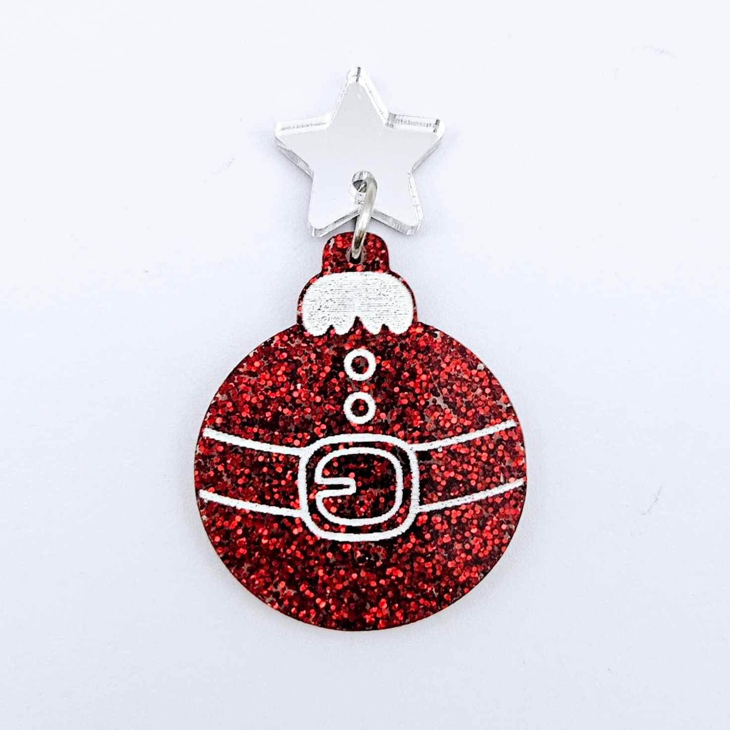One red glitter Santa bauble dangle with engraved Santa belt and button details paint filled white, assembled with a 16mm silver mirror star topper