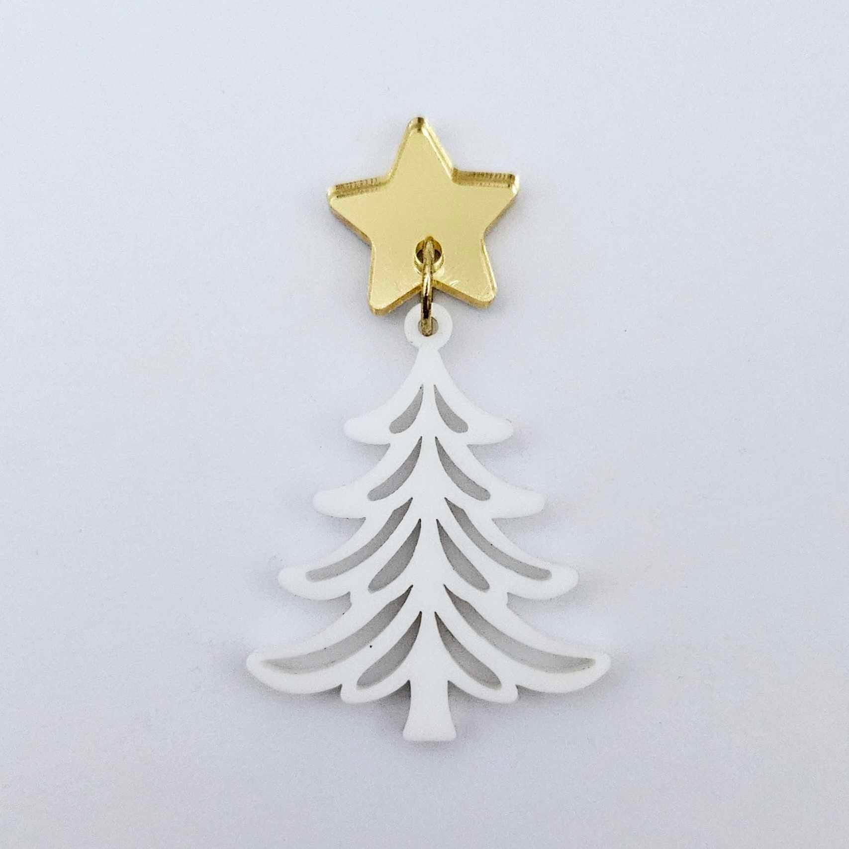 One 35mm white acrylic Cascade Christmas Tree dangle blank assembled with a 16mm star topper, shown as a finished earring component